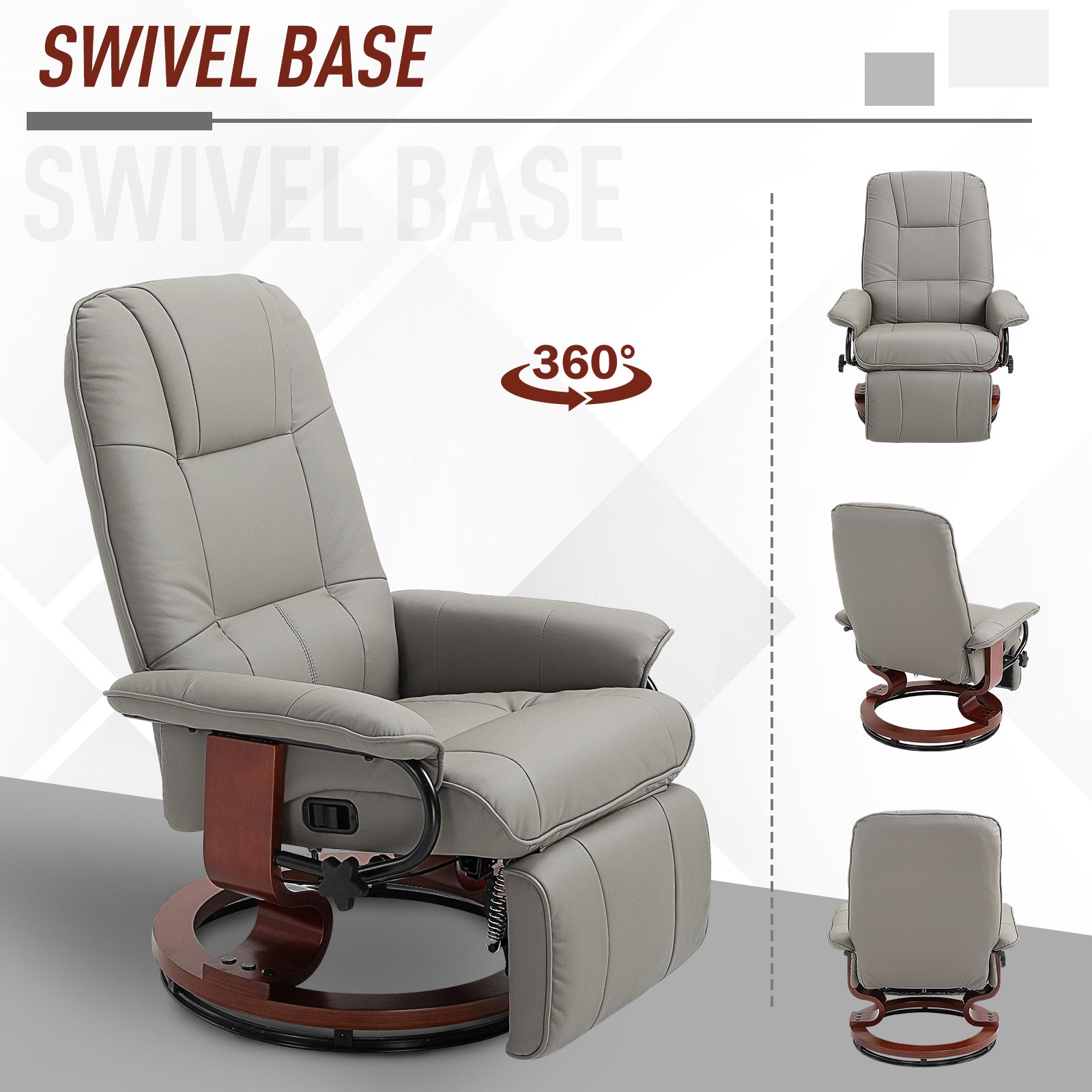 HOMCOM 360° Swivel Recliner Chair with Footstool, Manual Recliner Armchair with Wooden Base, Faux Leather Upholstered Reclining Chair for Living Room, Bedroom, Office, Grey